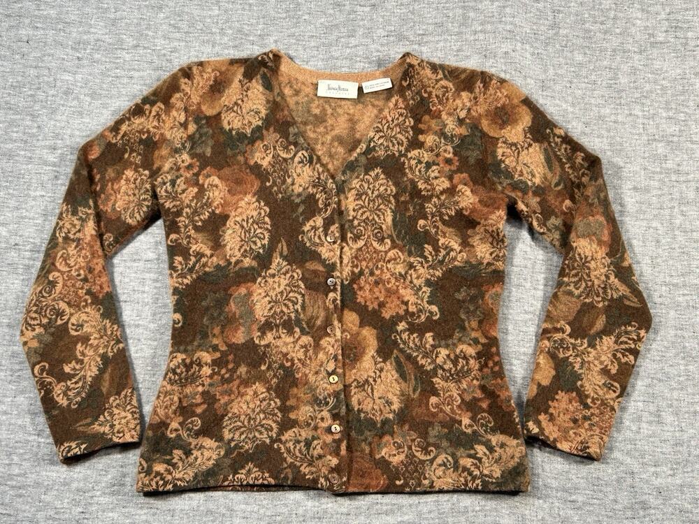 Neiman Marcus Cashmere Sweater Womens Large Floral Button-Up Cottagecore Grandma